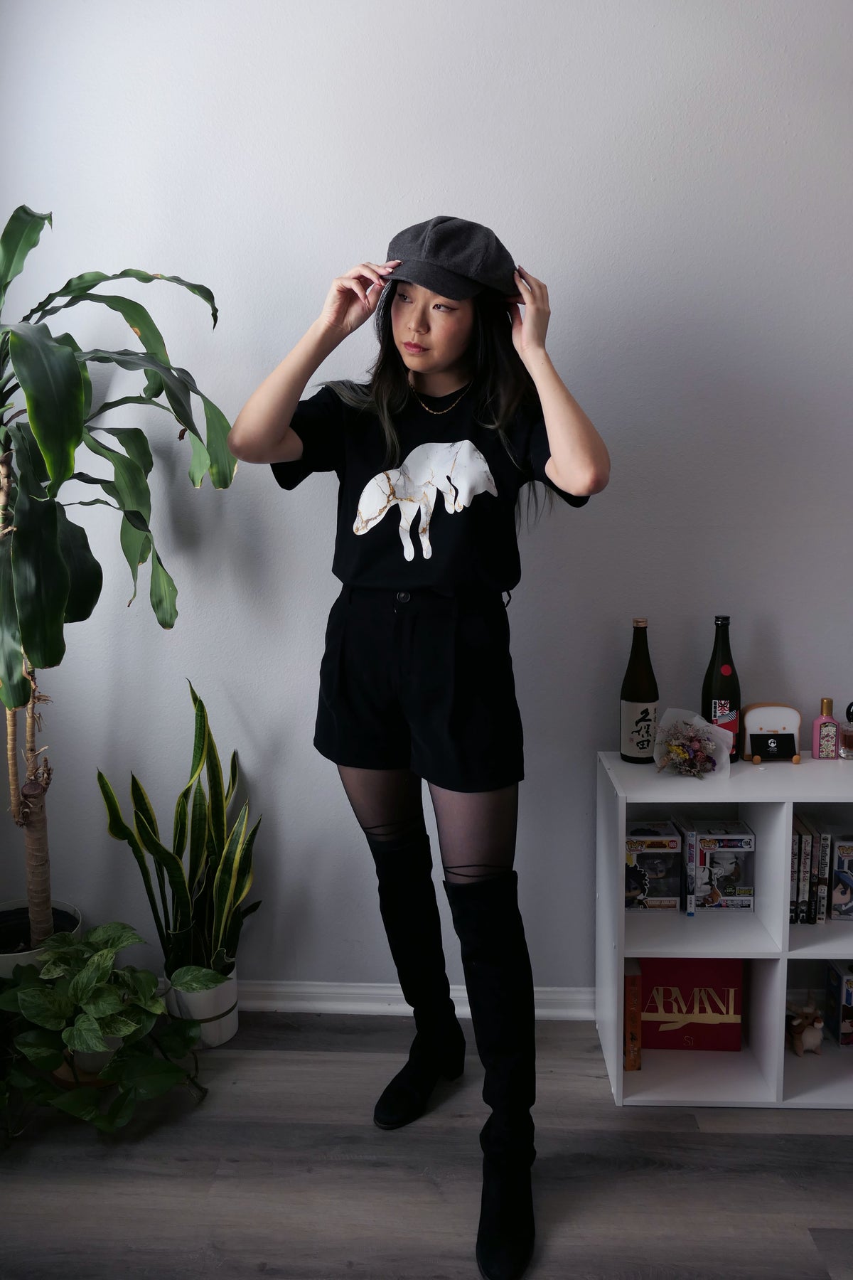 Marble fox premium black T-shirt with shorts, leggings, newsboy hat, and OTK boots
