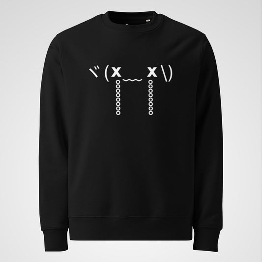 Soft black cotton sweatshirt featuring a crying emoticon