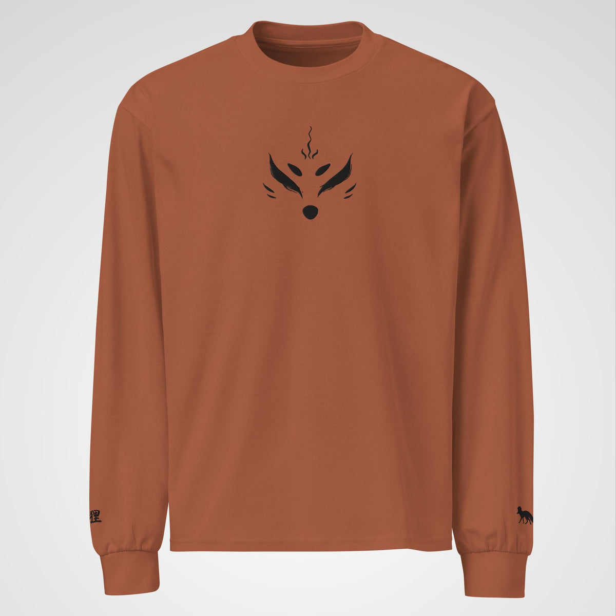 Embroidered Kitsune longsleeve 1 front view featuring embroidered detailing on front and sleeves