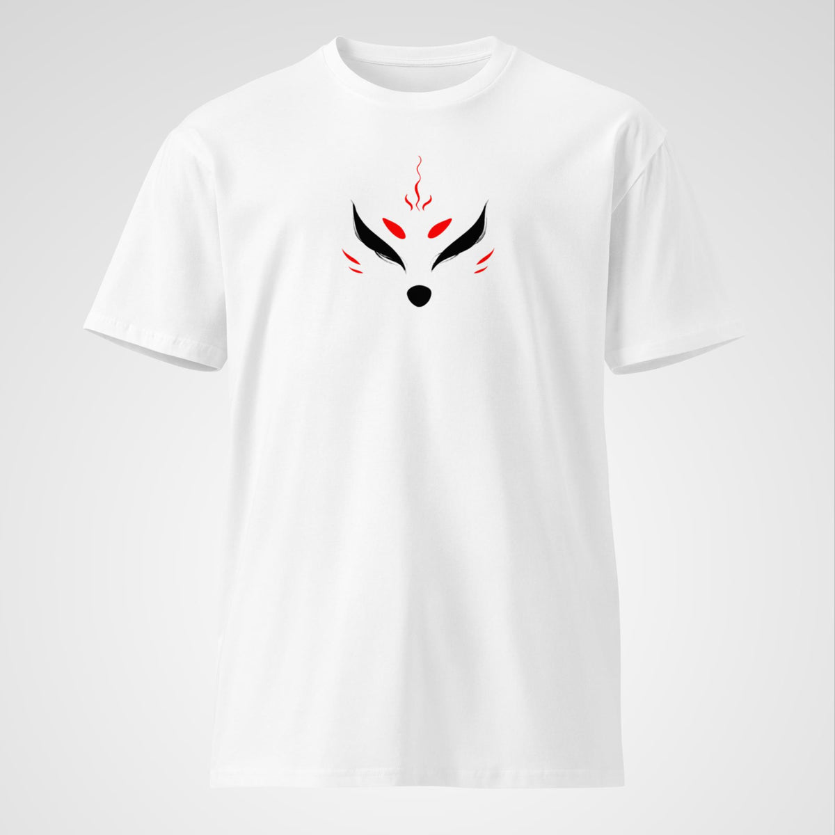 Premium white cotton T-shirt featuring a minimal black and red markings of a kitsune
