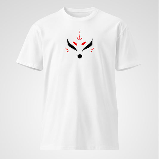 Premium white cotton T-shirt featuring a minimal black and red markings of a kitsune