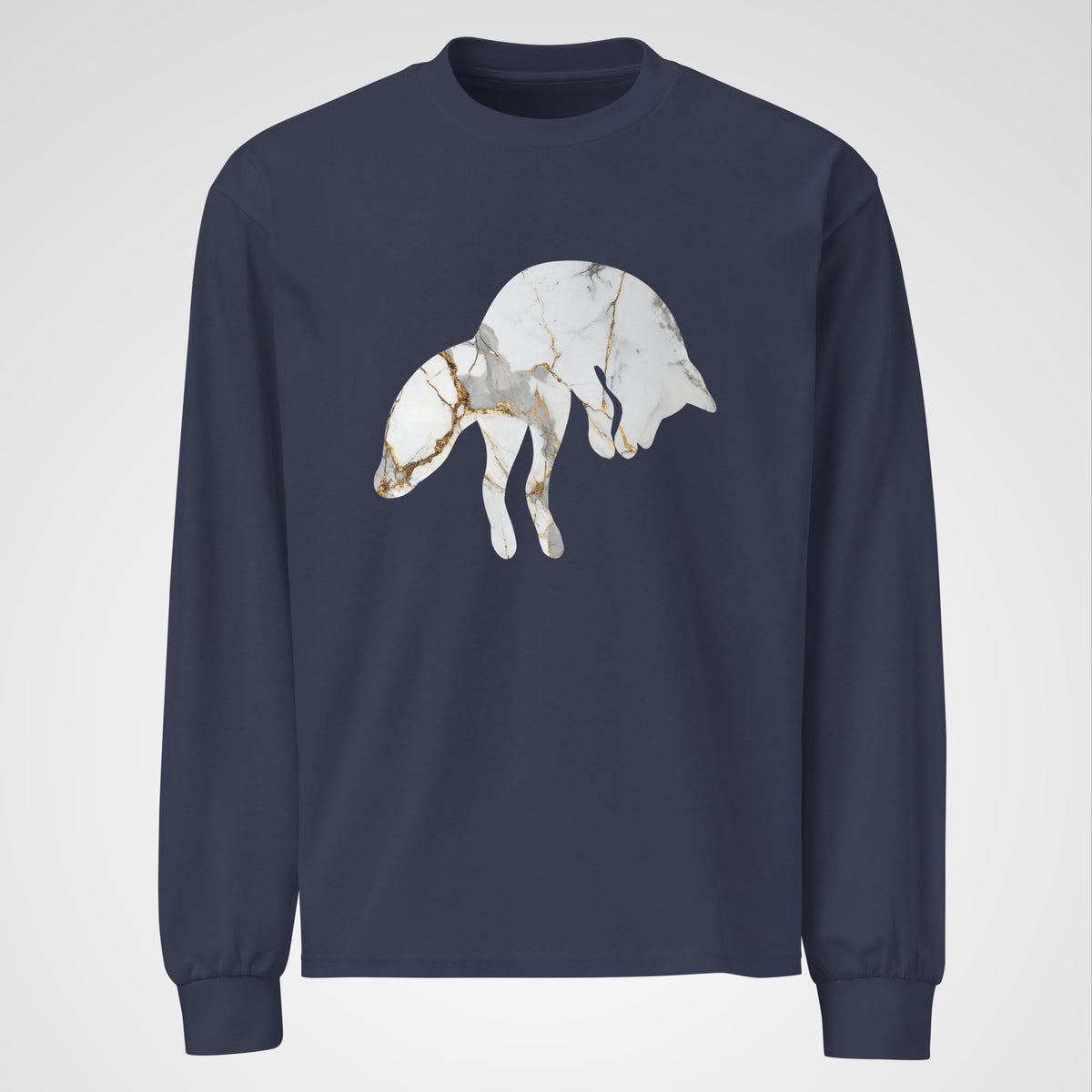 A navy cotton long-sleeve featuring a silhouette of a jumping fox with white marble and gold veins