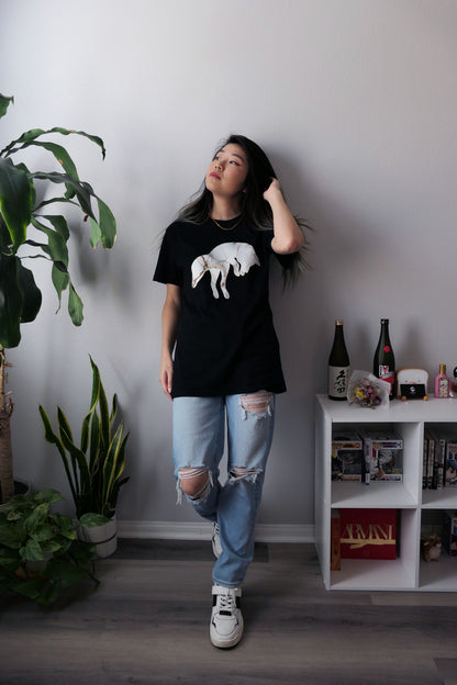 Marble Fox Premium Black T-shirt with distressed jeans and sneakers