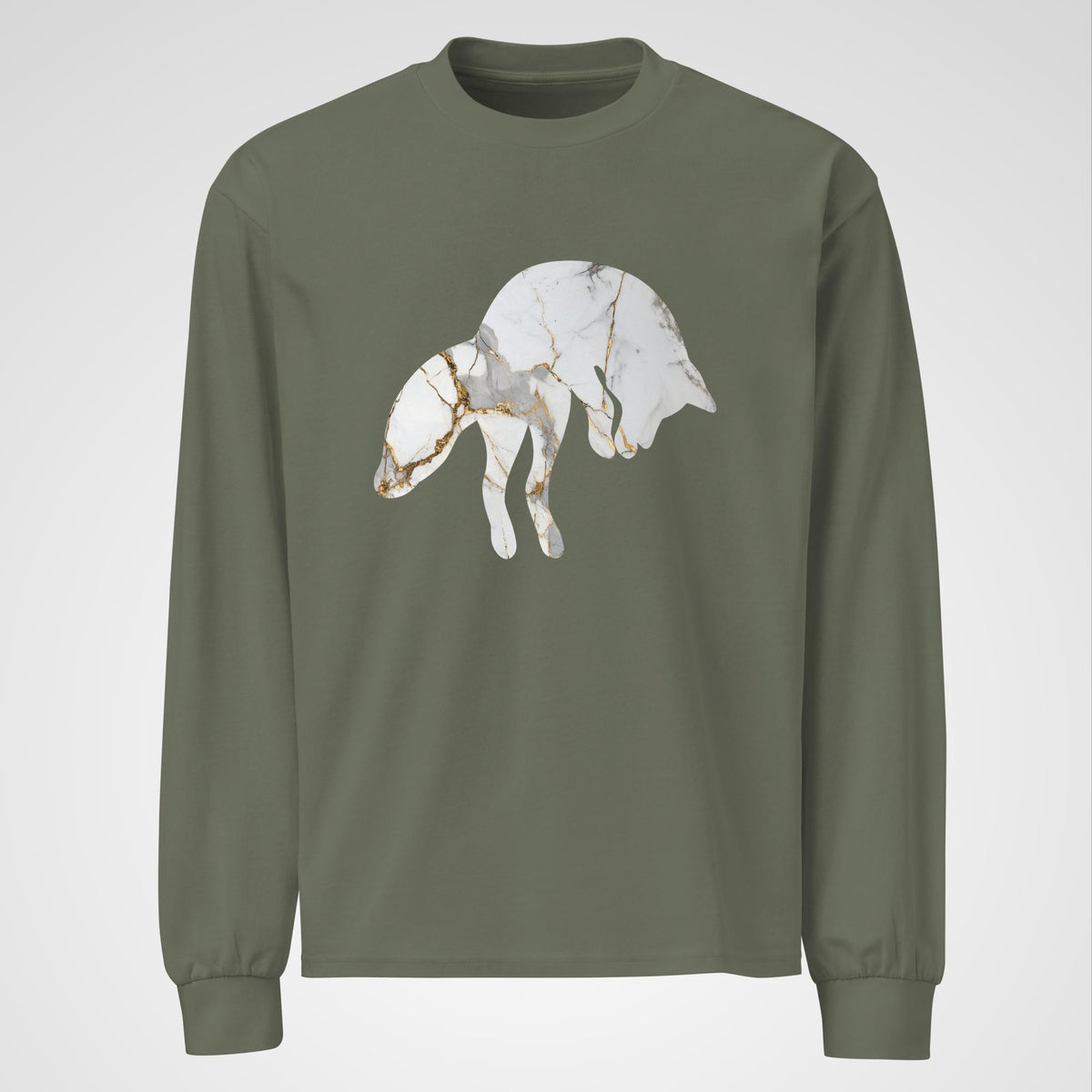 A green cotton long-sleeve featuring a silhouette of a jumping fox with white marble and gold veins