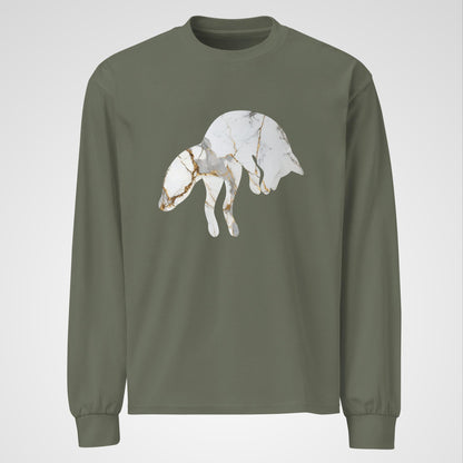 A green cotton long-sleeve featuring a silhouette of a jumping fox with white marble and gold veins