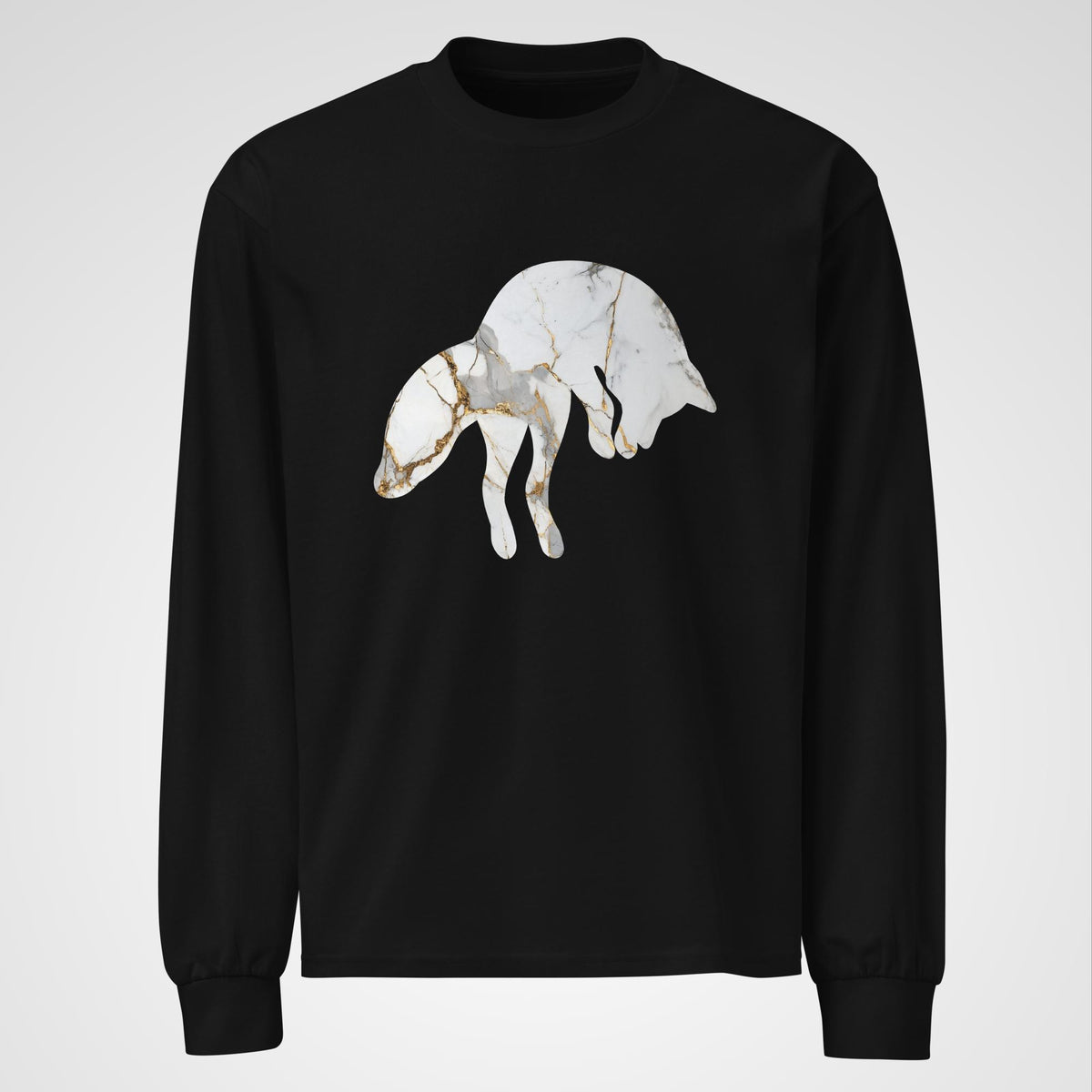 A black cotton long-sleeve featuring a silhouette of a jumping fox with white marble and gold veins