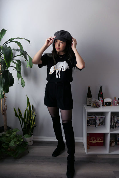 Marble fox premium black T-shirt with shorts, leggings, newsboy hat, and OTK boots