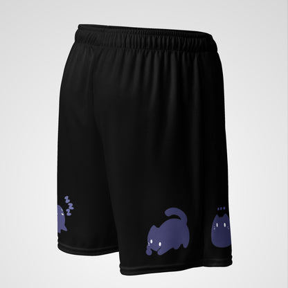 Long black athletic shorts with cute purple cartoon cats