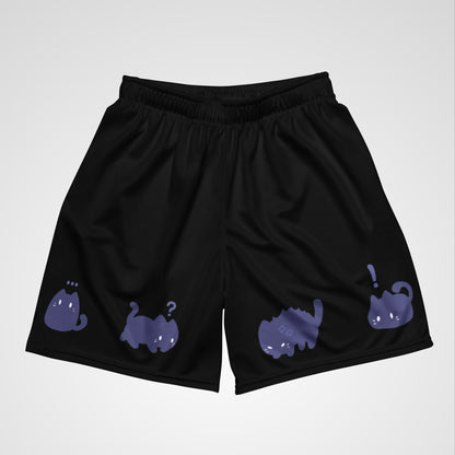 Black athletic shorts with cute purple cartoon cats