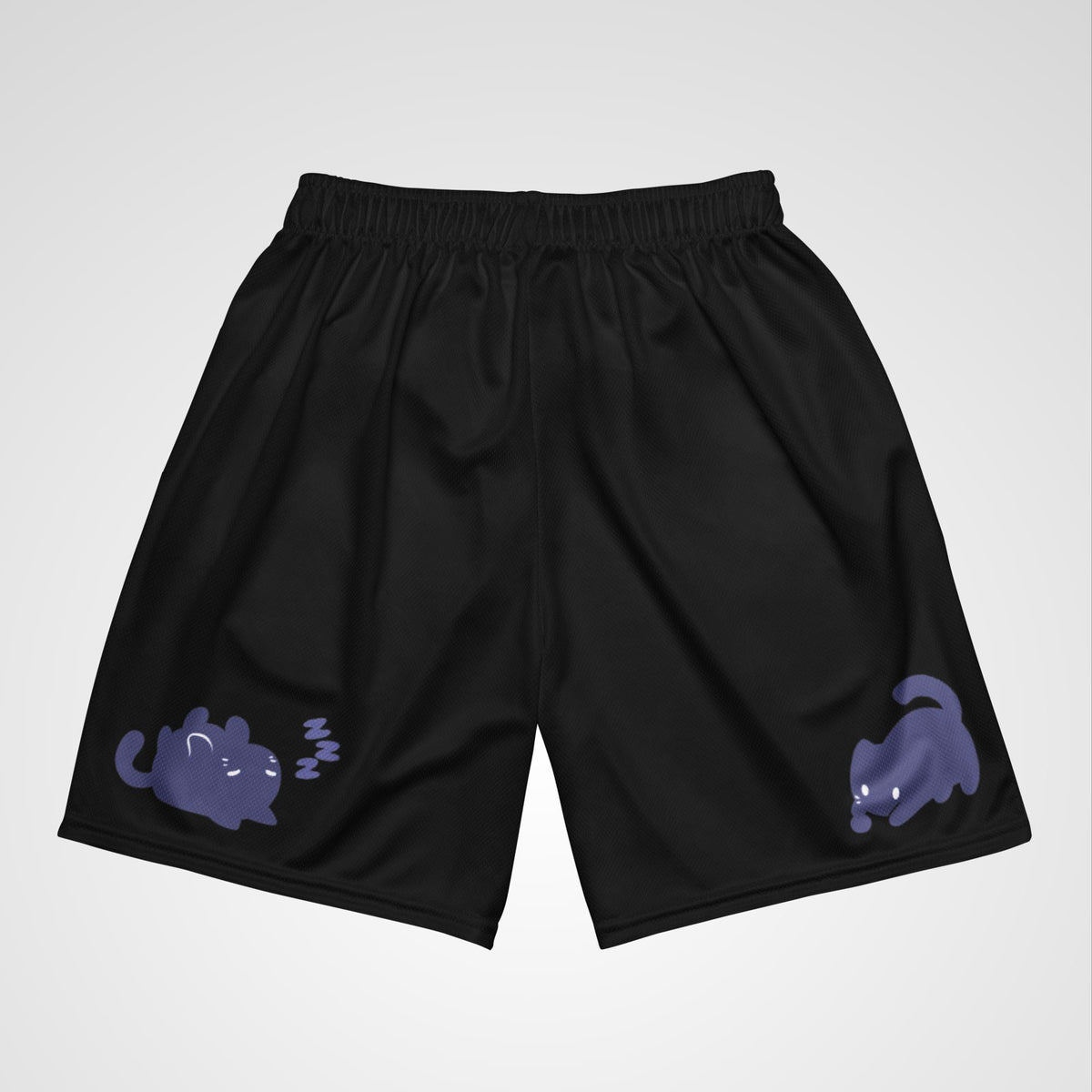 Black athletic shorts with cute purple cartoon cats