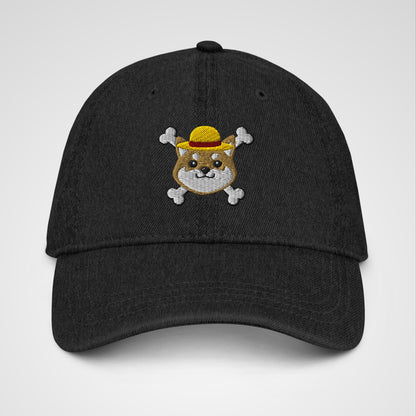 Black denim hat featuring embroidered logo of a shiba inu x One Piece Luffy's hat and crossbones