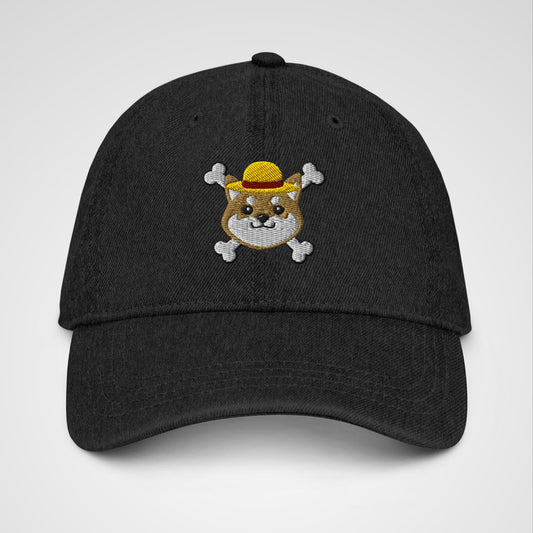 Black denim hat featuring embroidered logo of a shiba inu x One Piece Luffy's hat and crossbones
