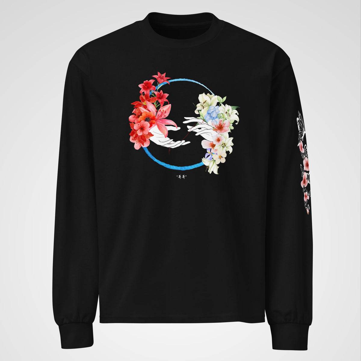 long-sleeve front view featuring two lovers’ hands connected by a red string of fate