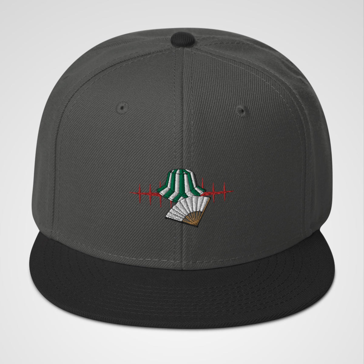 Charcoal grey snapback with embroidered logo of Urahara's hat and fan with reference to his bankai, Benihime