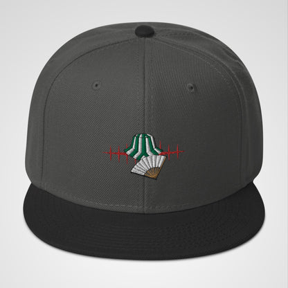 Charcoal grey snapback with embroidered logo of Urahara's hat and fan with reference to his bankai, Benihime