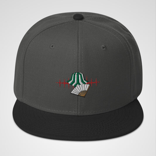 Charcoal grey snapback with embroidered logo of Urahara's hat and fan with reference to his bankai, Benihime